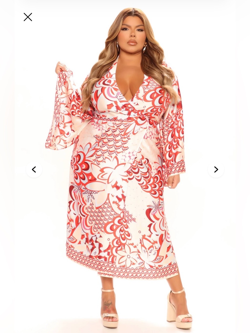 Fashion Nova Red/Ivory Feel It Satin Midi Wrap Dress Sz 2X NEW w/ Tags